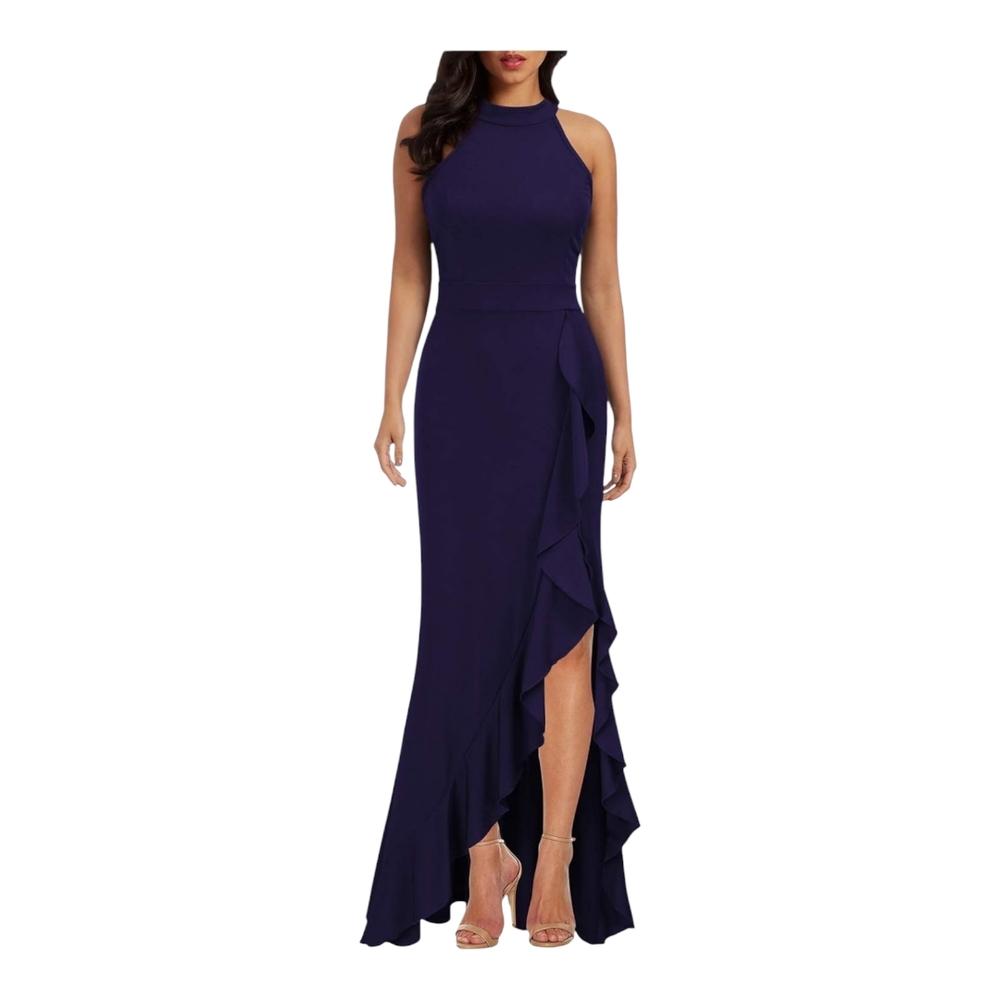 All and Well. Elegant Blue Gown with Asymmetrical Ruffled Hem and Slit. Size Med
